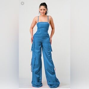 ATHINA. Royal Blue Wide-Leg Jumpsuit with Satin Sheen